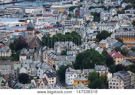 Beautiful Super Wide-angle Summer Aerial View Of Alesund, Norway, With Skyline And Scenery Beyond Th