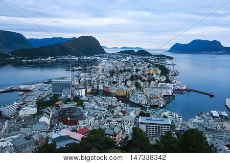 Beautiful Super Wide-angle Summer Aerial View Of Alesund, Norway, With Skyline And Scenery Beyond Th