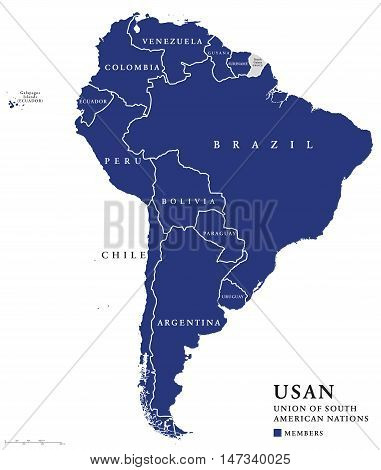 USAN, Union of South American Nations map, an intergovernmental regional organization comprising twelve South American countries. Continental union, also called UNASUR, UNASUL or UZAN. Info graphics.