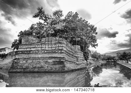 black and white of Si Phum Corner the ancient wall in Chiang Mai view from the road