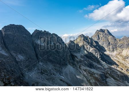 Amazing Rocky Mountain Ridge Under Blue Sky With White Clouds