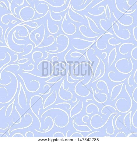 white abstract floral pattern on a blue background, in the style of frost lace on winter window. Hand drawn vector stock illustration