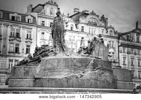 Memorial of Jan Hus in Prague. Monuments and statues of Prague concept. Black&white picture.