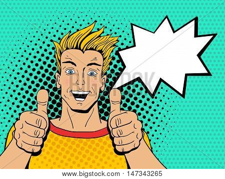 Happy Young Handsome Surprised Man Shows Thumb Up With Speech Bubble. Vector Illustration In Pop Art