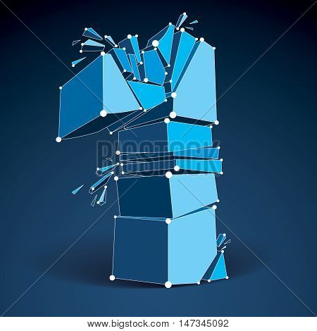 Vector dimensional wireframe number 1 blue demolished thread numeration with fragments. 3d mesh technology element broken into pieces.