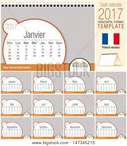 Desk triangle calendar 2017 template. Size: 210mm x 150mm. Format A5.  Vector image. French version