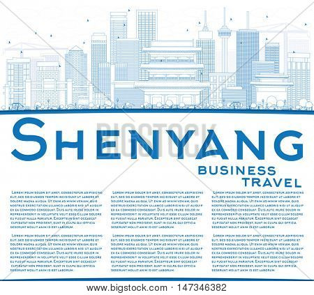 Outline Shenyang Skyline with Blue Buildings and Copy Space. Vector Illustration. Business Travel and Tourism Concept with Modern Buildings. Image for Presentation Banner Placard and Web Site.