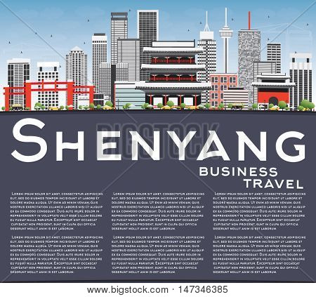Shenyang Skyline with Gray Buildings, Blue Sky and Copy Space. Vector Illustration. Business Travel and Tourism Concept with Modern Buildings. Image for Presentation Banner Placard and Web Site.