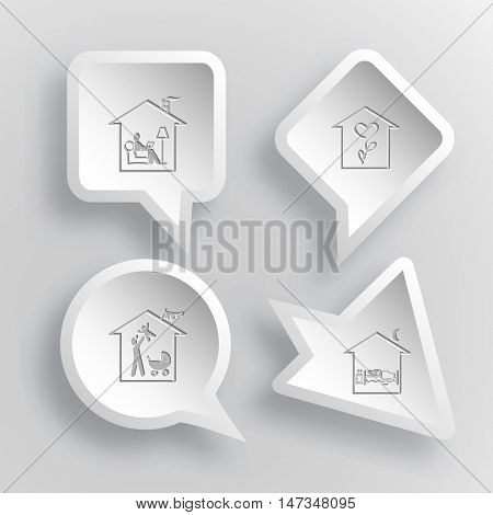 4 images: home reading, flower shop, family, home. Home set. Paper stickers. Vector illustration icons.