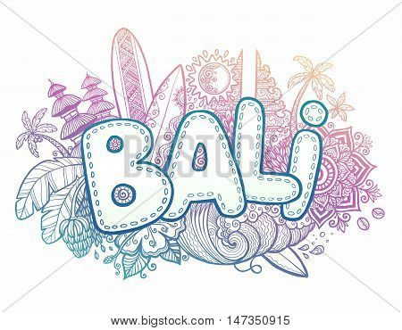 Blue and pink colors vector Bali sign on hand drawn doodle style symbols of Bali island - temples, flowers, palms, waves and surfing boards