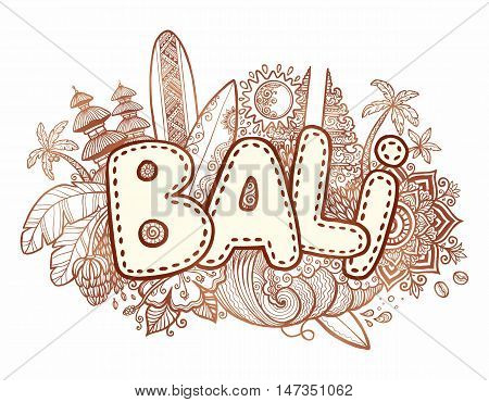 Henna colors vector Bali sign on hand drawn doodle style symbols of Bali island - temples, flowers, palms, waves and surfing boards