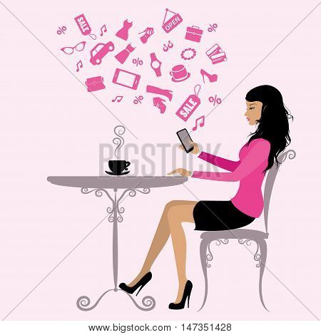 girl is drinking coffee and on the Internet via a smartphonevector illustration