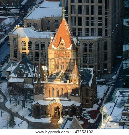 Boston Trinity Church Aerial view in winter, from the top of Prudential Center, Boston, Massachusetts, USA