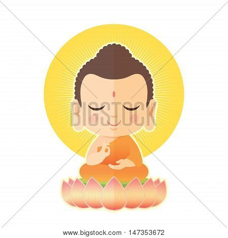 Buddha sitting on lotus. Cute Buddha cartoon vector illustration isolated on white background.
