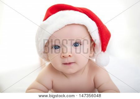 Christmas Cute Baby Boy Lying On White
