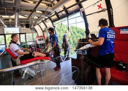 Sochi, Russia - MAY 22, 2016: The man is jumping swallow type from 207 metres height in the SKYPARK AJ Hackett Sochi