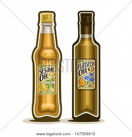 Vector logo 2 brown glass Bottle with pure Sesame Oil, bottles virgin cooking Flaxseed oil, container natural organic flax seed and linseed oily liquid with cap and label, closeup isolated on white.