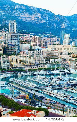 Cityscape of La Condamine and Port Hercule, Monaco-Ville, The Kingdom of Monaco. Cote d'Azur