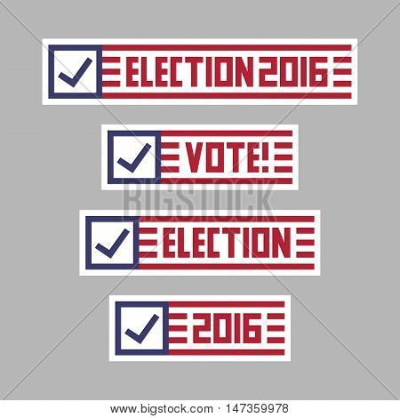 United States of America presidential election banner badges. Vote logo vector graphic design elements. Red & blue flag color campaign sign label set.