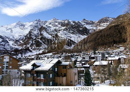 View of one of the most popular ski resort of Saas-Fee is located in the south of Switzerland, near mount Valpelline.He was surrounded by thirteen peaks over 4,000 meters high.