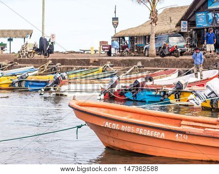 Easter Island Chile - October 10 2014: View of the Hanga Roa harbor on a spring day Easter Island Chile