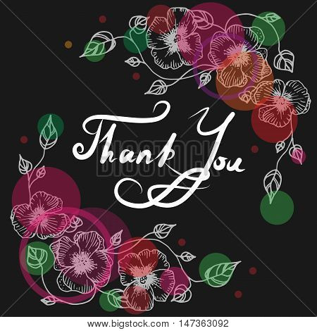 Hand drawn flowers. Sketch style. Thank You letterin. Vector illustartion
