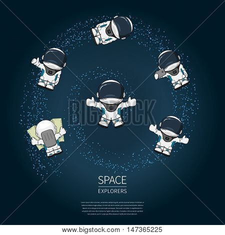 Set of Hand drawn cartoon astronaut in space suit. Line art cosmic vector illustration