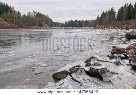 Imatra. Finland. Ice on The Vuoksi River next to The Kruununpuisto Park and Imatrankoski Rapids