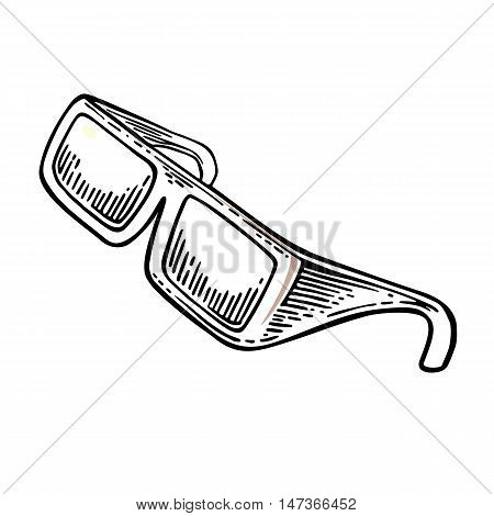 3D glasses for cinema. Isolated on white background. Vector black vintage engraving illustration isolated