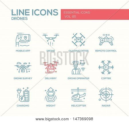 Drones - set of modern vector plain line design icons and pictograms. Mobile app, quadracopter, remote control, survey, delivery, operator, copter, charging, weight helicopter radar