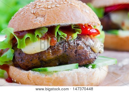 Vegetarian burger with the seitan - vegan meat.