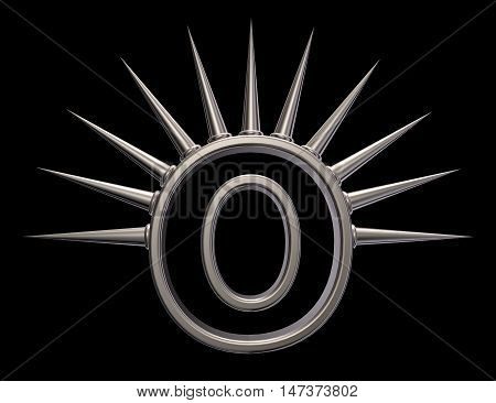 letter o with metal prickles on black background - 3d illustration
