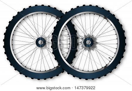 A pair of knobly tyres from a bicycle wheel with driving gear valve and spoke nipples.