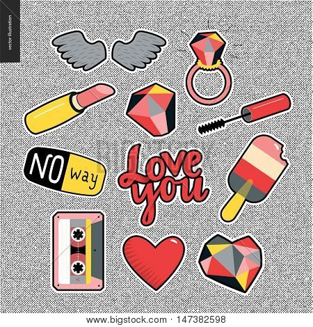 Set of contemporary girlish patches elements on denim background. Wings, ring, big diamond, lipstick, mascara brush, ice cream, cassette tape, hearts,letterings Love you, No way. Vector stickers kit.