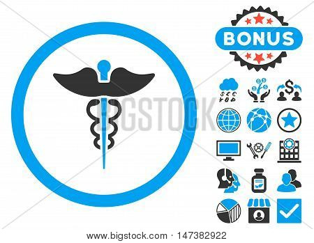 Caduceus icon with bonus pictures. Vector illustration style is flat iconic bicolor symbols, blue and gray colors, white background.