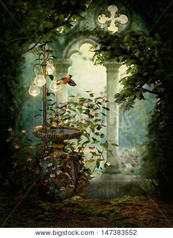 3d computer graphics of birds and a birdbath