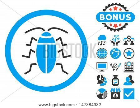Cockroach icon with bonus pictures. Vector illustration style is flat iconic bicolor symbols, blue and gray colors, white background.