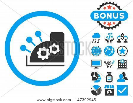 Cash Register icon with bonus design elements. Glyph illustration style is flat iconic bicolor symbols, blue and gray colors, white background.