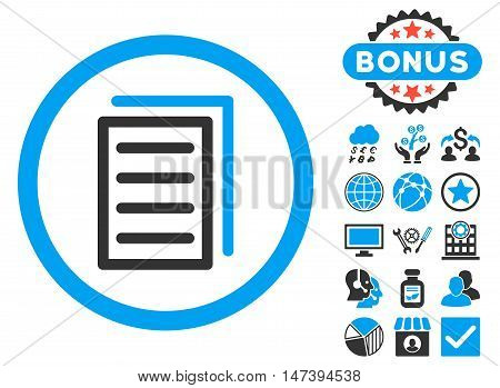 Copy Document icon with bonus design elements. Glyph illustration style is flat iconic bicolor symbols, blue and gray colors, white background.