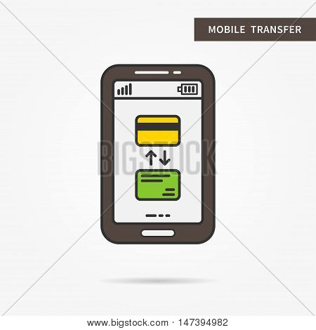 Linear mobile transfer process. Flat transfer with credit cards and arrows. Creative concept phone banking cards transaction. Money transfer app icon. Vector financial technology sign illustration.