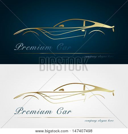 Car company dark and white background. Gold silhouette car. Badge app emblem. Design element. Vector illustration.