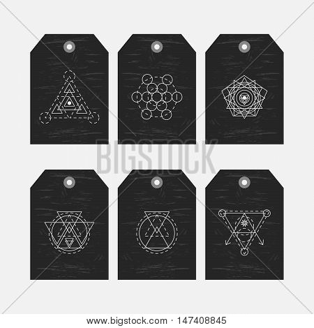 Sacred geometry tags set. Linear modern art