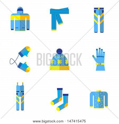 Various types of winter clothes and accessories.kit winter clothes flat icon isolated on white background