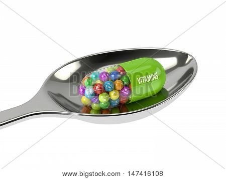 3D Rendering Of Vitamin Pill With Granules On Spoon