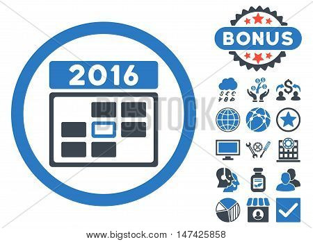 2016 Date icon with bonus symbols. Vector illustration style is flat iconic bicolor symbols, smooth blue colors, white background.
