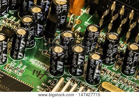 Close up of multi coloured electronic circuit board