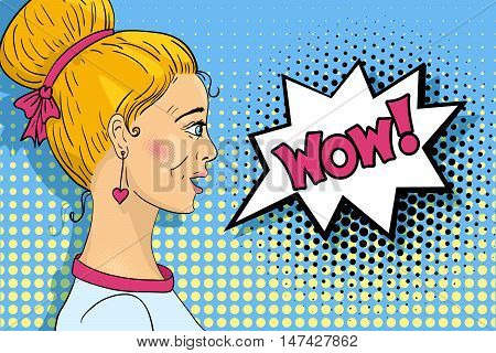 Wow Girl. Young Sexy Surprised Blond Woman Face With Open Mouth. Vector Background In Retro Pop Art