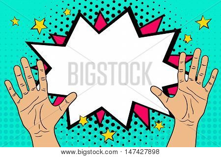 Pop Art Background With Male Hands Speech Bubble And Stars. Retro Comic Vector Illustration.
