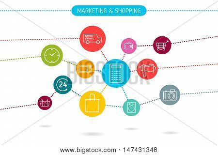 digital marketing and shopping concept. background with flat round icons. Symbols connected with lines.