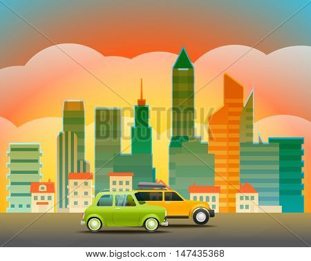 Cityscape with the glass pin. City trafic illustration